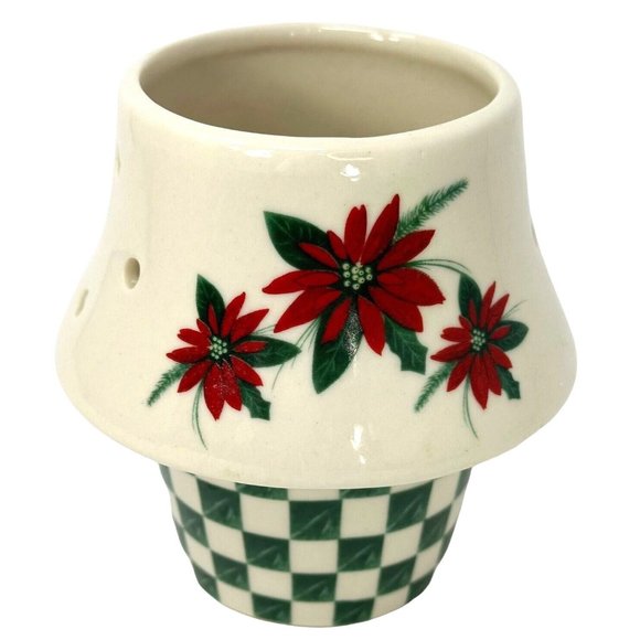 Ceramic Tea Light Candle Holder Poinsettia Christmas Decor Green White Red 4.5" - Picture 3 of 8